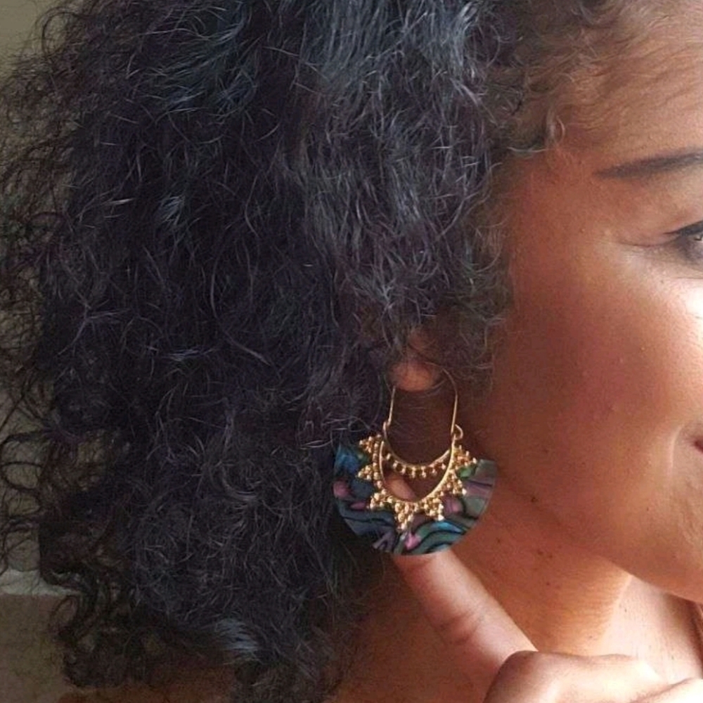 Boho Gold & Abalone abstract shell Fan hoop drop beach earrings 2/$30 - Picture 7 of 11